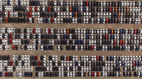 Aerial view of a full car lot