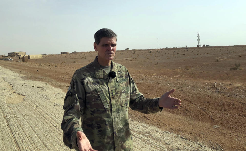 US Gen. Joseph Votel, top U.S. commander in the Middle East, speaks to reporters during an unannounced visit Monday, Oct. 22, 2018, to the al-Tanf military outpost in southern Syria. The U.S. trains Syrian opposition forces at the outpost. (AP Photo/Lolita Baldor)