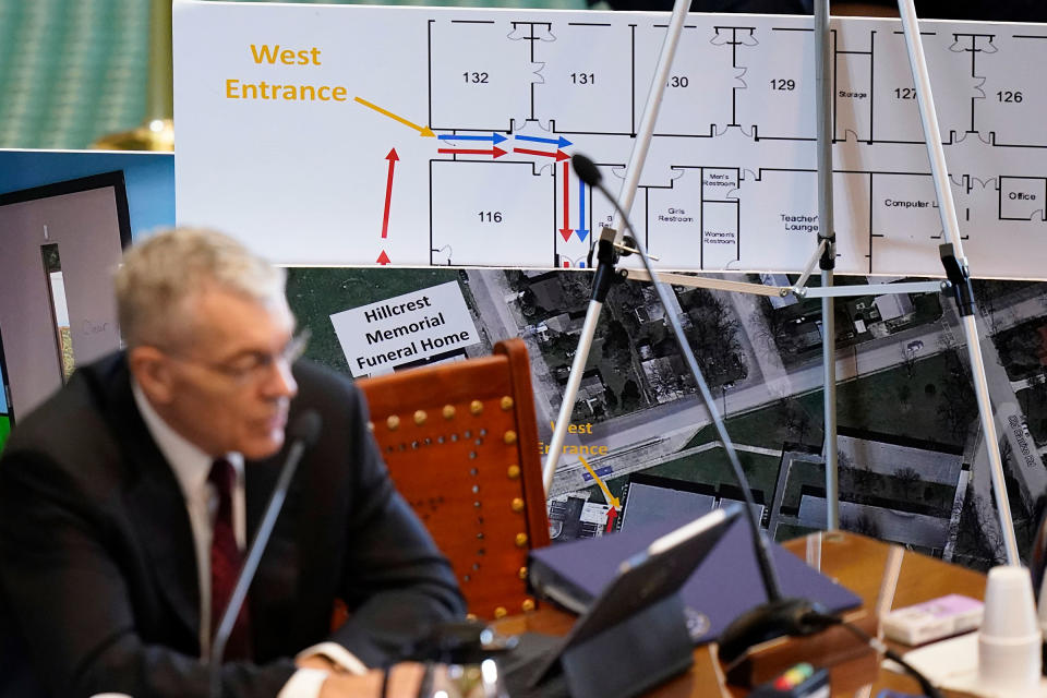 Using a diagram of Robb Elementary School, Texas Department of Public Safety Director Steve McCraw testifies at a Texas Senate hearing at the state capitol in Austin, on June 21.<span class="copyright">Eric Gay—AP</span>