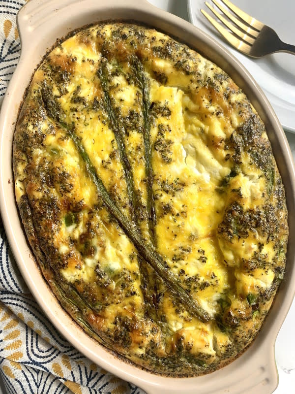 <p>Big Delicious Life</p><p>This easy baked asparagus, leek and goat cheese frittata is packed with spring veggies. Perfect for springtime brunch.</p><p><strong>Get the recipe: <a href="https://bigdeliciouslife.com/baked-asparagus-leek-and-goat-cheese-frittata/" rel="nofollow noopener" target="_blank" data-ylk="slk:Baked Asparagus, Leek and Goat Cheese Frittata;elm:context_link;itc:0;sec:content-canvas" class="link ">Baked Asparagus, Leek and Goat Cheese Frittata</a></strong></p>