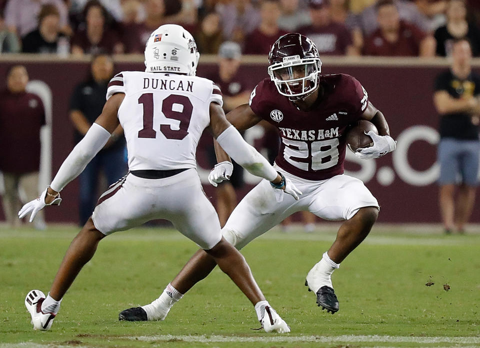 Isaiah Spiller #28 of the Texas A&M Aggies is a top NFL draft RB prospect