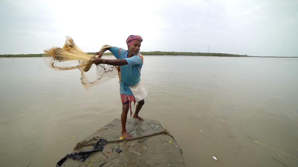 Pescador lanzando redes en el mar den Sundarbans