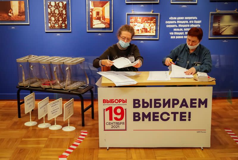 A polling station gets ready for three-day parliamentary vote in Moscow