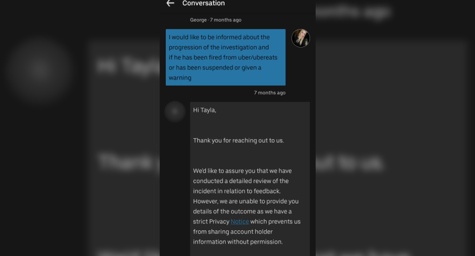 The message exchange between Tayla and an Uber worker in the app. 
