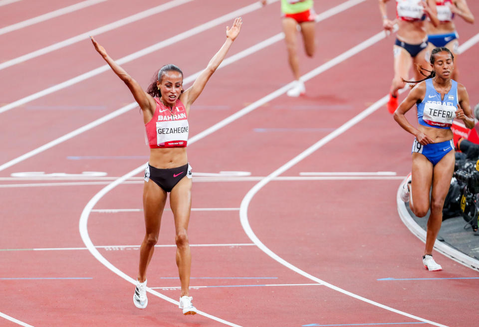 Kalkidan Gezahegne of Bahrain celebrates her silver medal in the Women's 10000m Final.