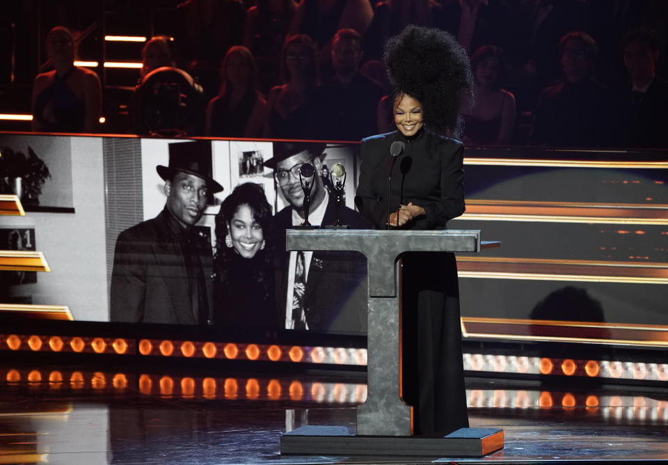 Janet Jackson introduces inductees Jimmy Jam and Terry Lewis during the Rock & Roll Hall of Fame Induction Ceremony on Saturday, Nov. 5, 2022, at the Microsoft Theater in Los Angeles. (AP Photo/Chris Pizzello)