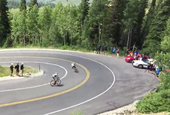 Shocking moment cyclists taking part in the Tour of Utah bike race crash into support vehicles