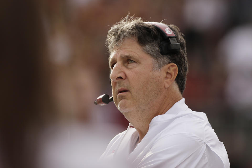 Washington State head coach Mike Leach looks on during the first half of an NCAA college football game against Utah in Pullman, Wash. Leach was named the Pac-12 coach of the year in early December. (AP)