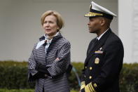 Dr. Deborah Birx, White House coronavirus response coordinator and Surgeon General Jerome Adams arrive for a Fox News Channel virtual town hall at the White House, Tuesday, March 24, 2020, in Washington. (AP Photo/Evan Vucci)