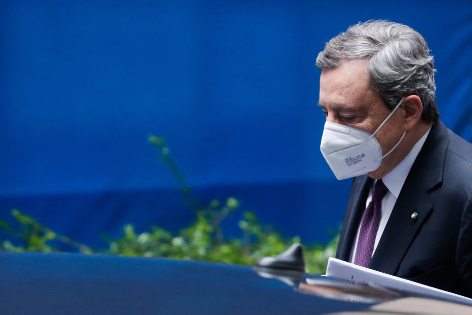 Italian Prime Minister Mario Draghi leaves after a two day EU summit at the European Council building in Brussels on May 25, 2021. - European Union leaders took part in a two day in-person meeting to discuss the coronavirus pandemic, climate and Russia. (Photo by Stephanie LECOCQ / POOL / AFP) (Photo by STEPHANIE LECOCQ/POOL/AFP via Getty Images) (Photo: STEPHANIE LECOCQ via Getty Images)