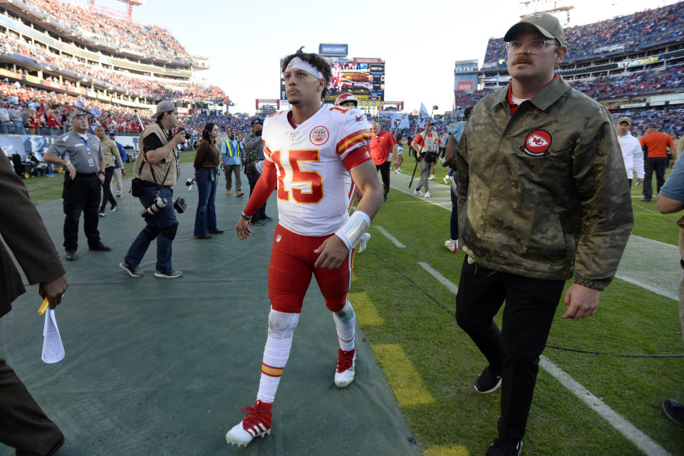 Kansas City Chiefs quarterback Patrick Mahomes leaves the field after an NFL football game against the Tennessee Titans Sunday, Nov. 10, 2019, in Nashville, Tenn. The Titans won 35-32. (AP Photo/Mark Zaleski)