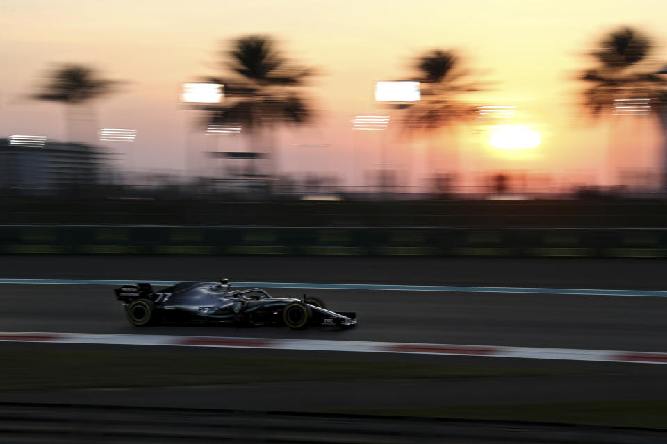 Mercedes driver Valtteri Bottas of Finland steers his car during the first free practice at the Yas Marina racetrack in Abu Dhabi, United Arab Emirates, Friday, Nov. 29, 2019. The Emirates Formula One Grand Prix will take place on Sunday. (AP Photo/Kamran Jebreili)