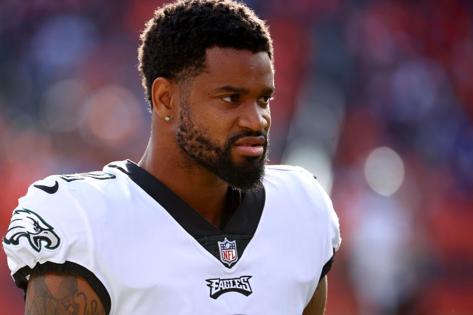 DENVER, CO - NOVEMBER 14: Darius Slay #2 of the Philadelphia Eagles warms up against the Denver Broncos at Empower Field At Mile High on November 14, 2021 in Denver, Colorado. (Photo by Jamie Schwaberow/Getty Images)