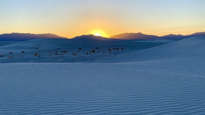 White Sands National Park is located in New Mexico and has white sand dunes composed of gypsum sand. This was a sunset in the park on Feb. 28, 2021.