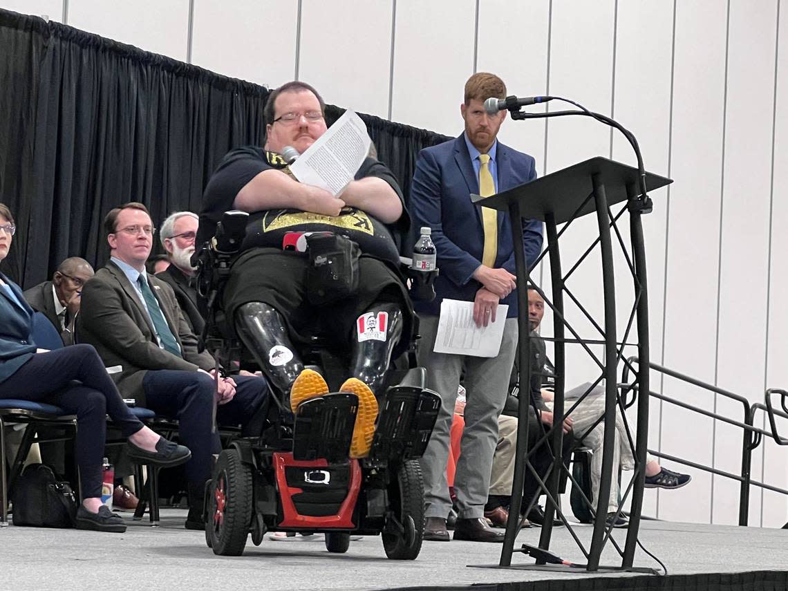 Vladimir Stafford tells of being left at Walmart overnight during a shopping trip by the city’s Wheels paratransit service during BULD’s 2024 Nehemiah Action Assembly at the Central Bank Center in Lexington, Ky. on April 30, 2024. Tasha Poullard/tpoullard@herald-leader.com