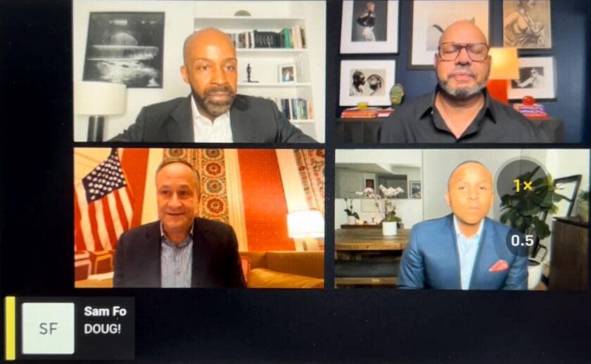 Second Gentleman Doug Emhoff, Vice President Kamala Harris' husband, bottom left, made a surprise visit on a small organizing call for gay and queer Black men on Thursday evening, promising his wife's support for the LGBTQ+ community.