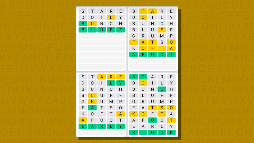 Quordle daily sequence answers for game 805 on a yellow background