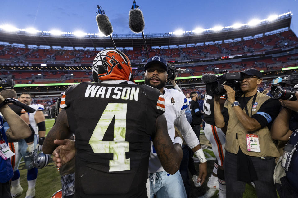 CLEVELAND, OHIO - SEPTEMBER 8: Deshaun Watson #4 of the Cleveland Browns hugs Dak Prescott #4 of the Dallas Cowboys after the game at Huntington Bank Field on September 8, 2024 in Cleveland, Ohio. The Cowboys defeated the Browns 33-17. (Photo by Lauren Leigh Bacho/Getty Images)