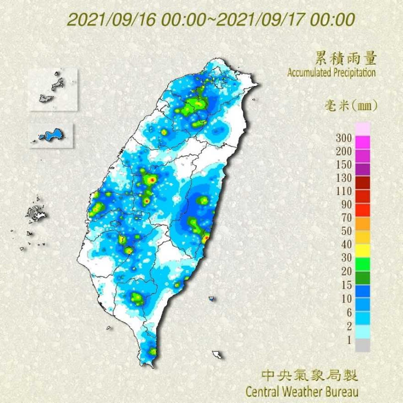 全台16日雨量累積圖。（圖／中央氣象局）