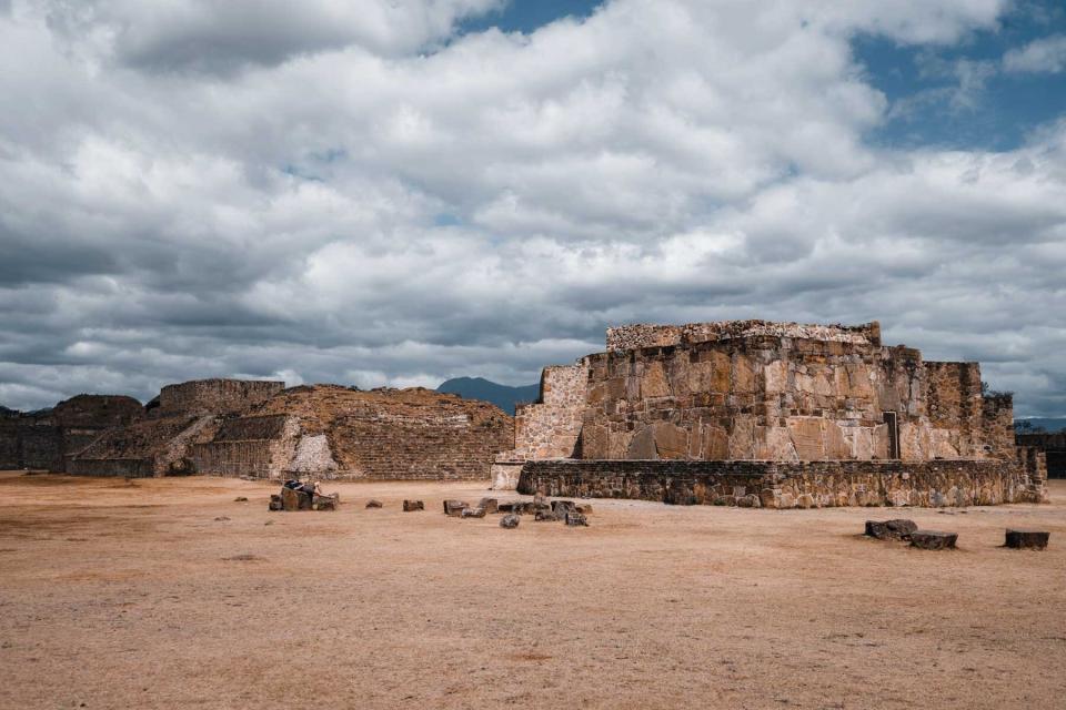 Ancient ruins on plateau Monte Alban in Oaxaca, Mexico.