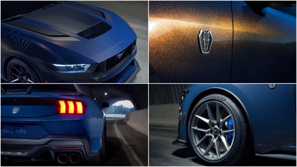 Mustang Dark Horse在外觀上使用特殊藍色金屬烤漆，引擎蓋上還有專屬貼紋。(圖片來源/ Ford)
