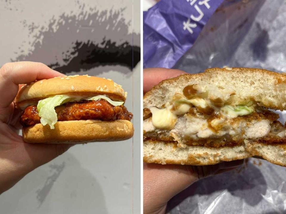 Side by side images of a hand holding a friend chicken sandwich and another where it's been bitten into.