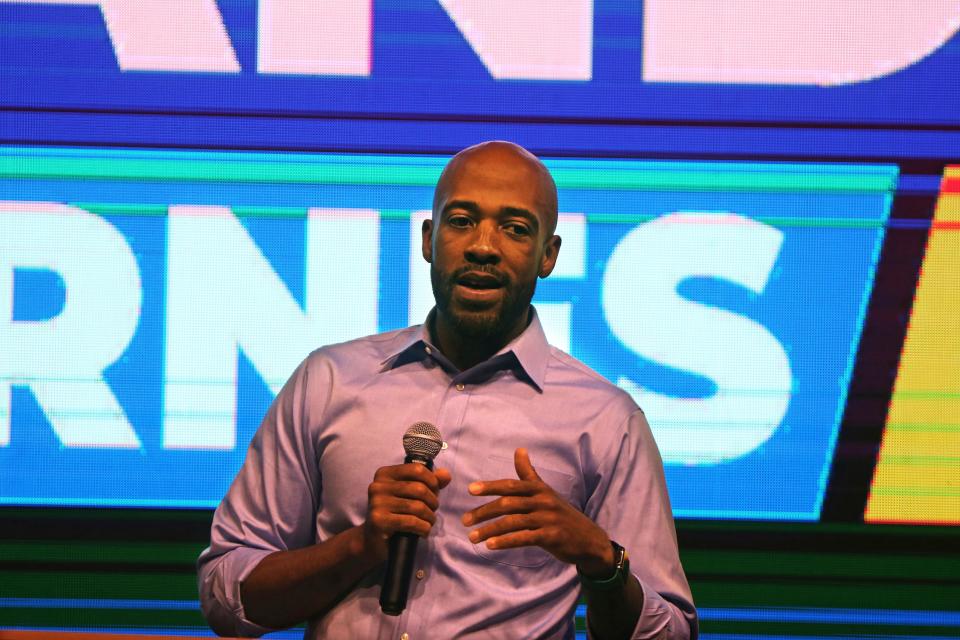 Mandela Barnes speaks to supporters  at The Cooperage after the Democratic Senate primary in Milwaukee, on Tuesday, Aug. 9, 2022. (Angela Peterson/Milwaukee Journal-Sentinel via AP) ORG XMIT: WIMIL273