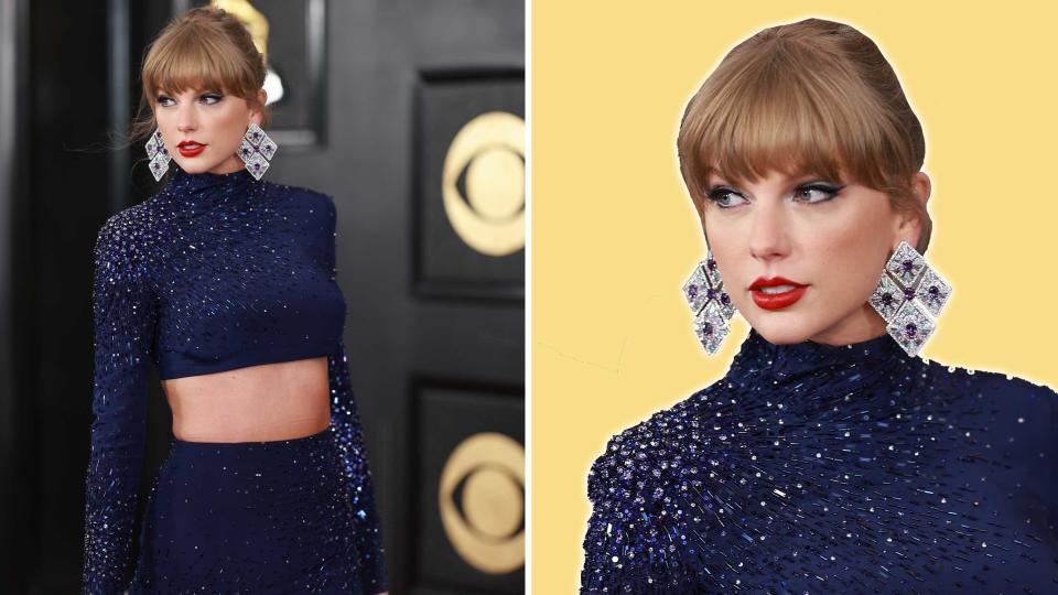 Taylor Swift arrives at the 2023 Grammy Awards in custom Roberto Cavalli and Lorraine Schwartz earrings.