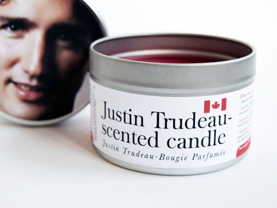 <p>This Justin Trudeau-scented candle is made from a soy wax blend and smells of chai tea and maple. As a bonus, a Justin Trudeau temporary tattoo is included with the purchase. <a rel="nofollow noopener" href="http://etsy.me/2cK8yFI" target="_blank" data-ylk="slk:Etsy;elm:context_link;itc:0;sec:content-canvas" class="link ">Etsy</a> </p>