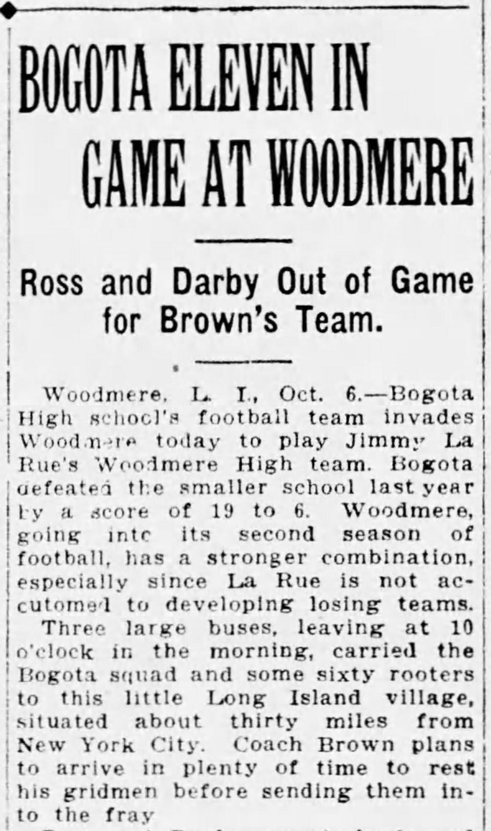 A preview of the Bogota football program's first out-of-state football game, at Woodmere (N.Y.) on Long Island, was published in the Oct. 6, 1928 edition of the Bergen Evening Record, page 12.