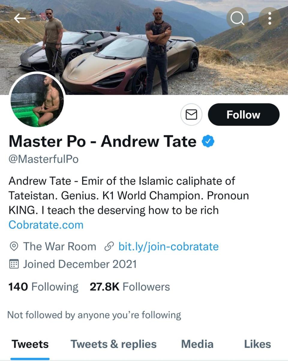 Mr Tate&#x002019;s verified account, prior to Twitter&#x002019;s suspension (Twitter)