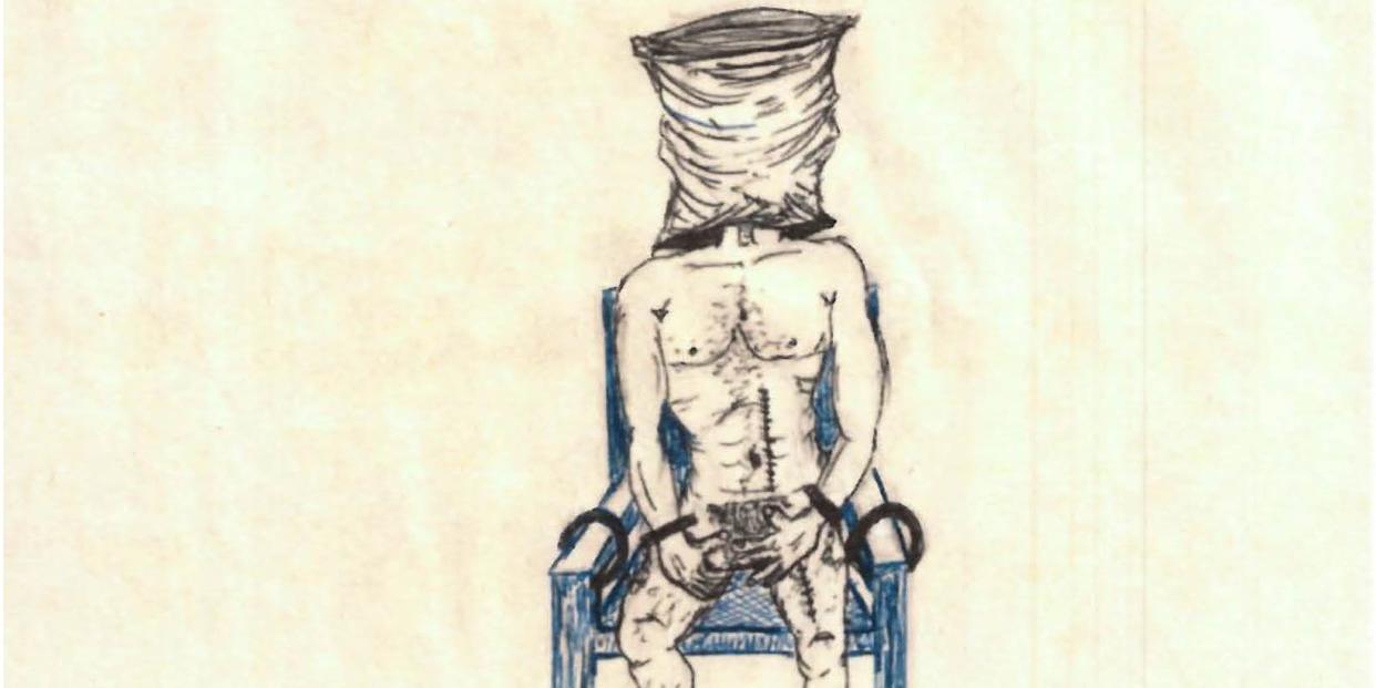 A drawing by Guantánamo prisoner Abu Zubaydah of his torture at a secret CIA prison.