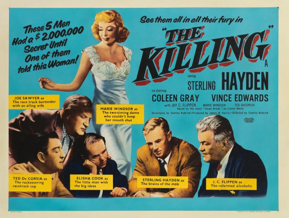 A poster for Stanley Kubrick's 1956 crime film 'The Killing' starring Sterling Hayden, Coleen Gray, Vince Edwards, Ted de Corsia, Joe Sawyer, and Jay C. Flippen.   (Photo by Movie Poster Image Art/Getty Images)