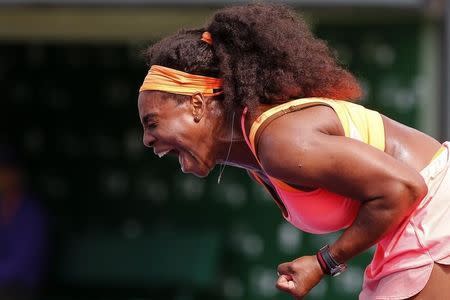 Mar 28, 2015; Key Biscayne, FL, USA; Serena Williams reacts against Monica Niculescu (not pictured) on day six of the Miami Open at Crandon Park Tennis Center. Williams won 6-3, 6-1. Mandatory Credit: Geoff Burke-USA TODAY