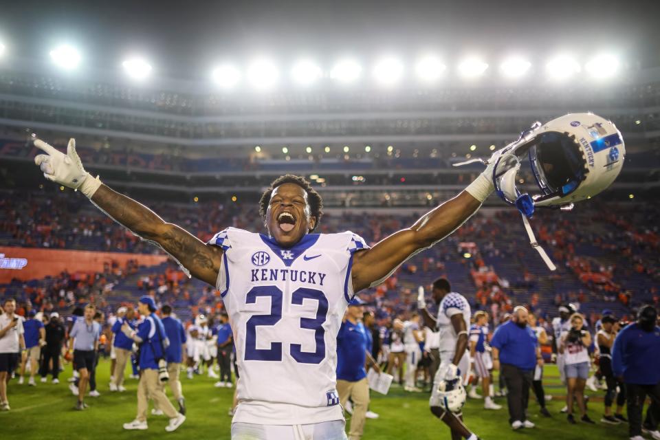 GAINESVILLE, FLORIDA - SEPTEMBER 10: Andru Phillips #23 of the Kentucky Wildcats celebrates after defeating the Florida Gators 26-16 in a game at Ben Hill Griffin Stadium on September 10, 2022 in Gainesville, Florida. (Photo by James Gilbert/Getty Images)