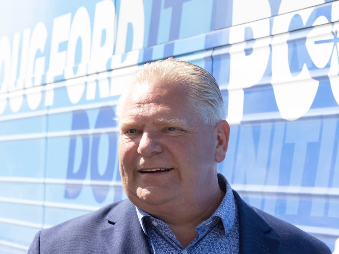 Progressive Conservative Party Leader Doug Ford shares remarks about 'getting it done' at Canadian Energy Strategies Inc. in Kitchener, Ont., on Thursday. (Nicole Osborne/The Canadian Press - image credit)