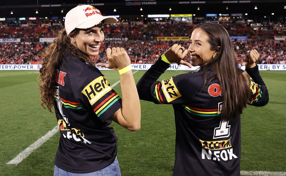 Jessica Fox and Noemie Fox, pictured here at the Panthers and Rabbitohs NRL game. 