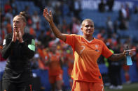 Netherlands' Shanice Van De Sanden, right, and Netherlands goalkeeper Sari Van Veenendaal acknowledge supporters after the Women's World Cup Group E soccer match between New Zealand and the Netherlands in Le Havre, France, Tuesday, June 11, 2019. The Netherlands won the match 1-0. (AP Photo/Francisco Seco)