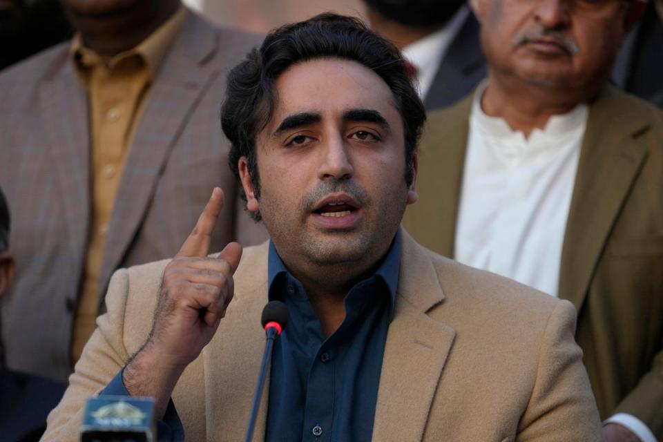 Bilawal-Bhutto Zardari, Chairman of Pakistan People’s Party speaks during a press conference regarding parliamentary elections, in Islamabad, Pakistan, Tuesday, 13 February 2024 (AP)