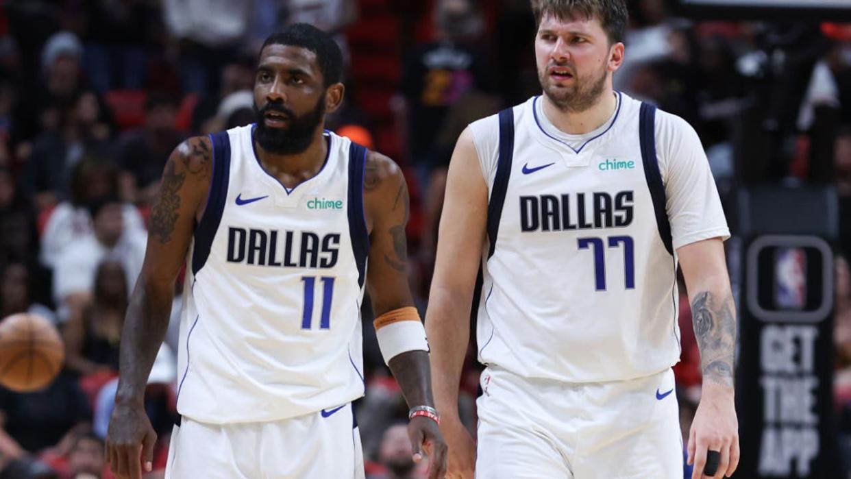 <div>Kyrie Irving #11 and Luka Doncic #77 of the Dallas Mavericks. (Photo by Megan Briggs/Getty Images)</div> <strong>(Getty Images)</strong>