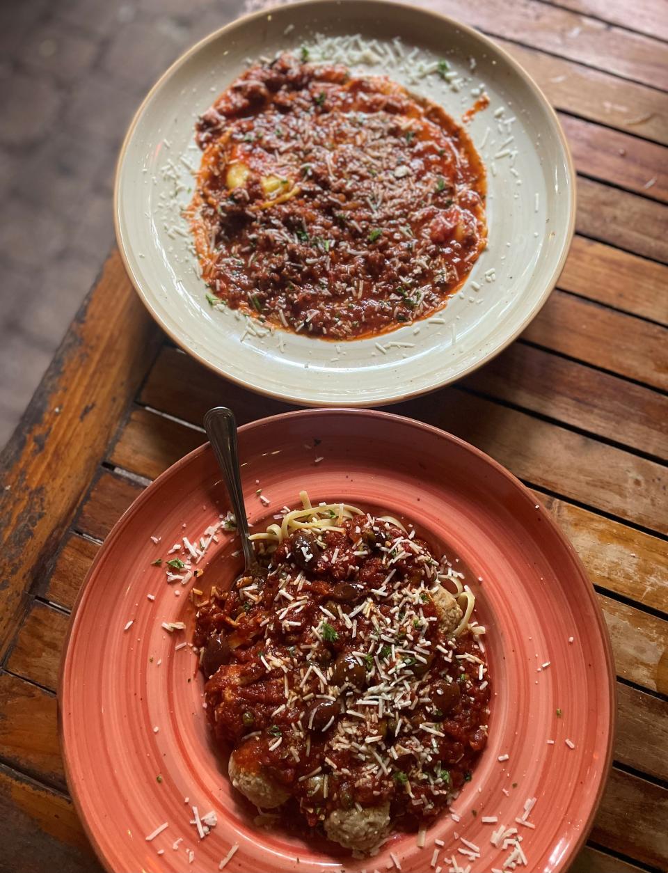 Pasta puttanesca and ravioli bolognaise from The Garlic.