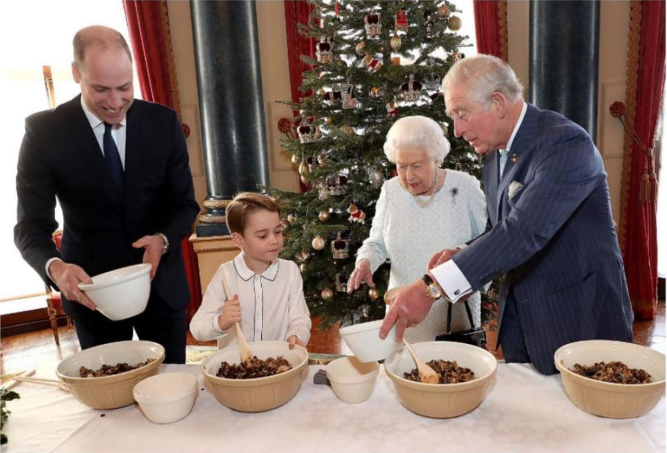 The Queen, The Prince of Wales, The Duke of Cambridge and Prince George, joined forces to prepare special Royal British Legion Christmas puddings at Buckingham Palace in 2019. Photo: Instagram/@theroyalfamily