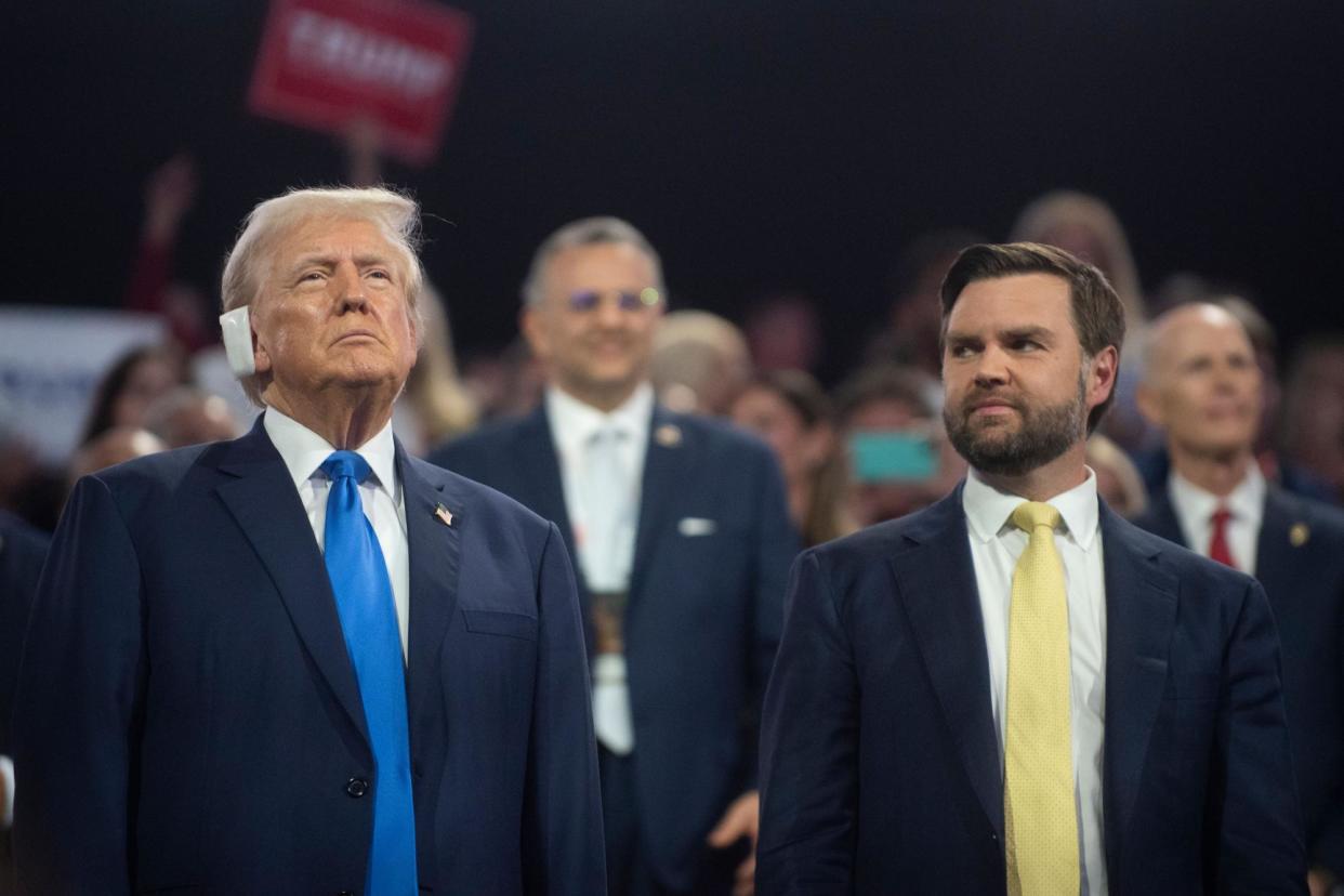 <span>Donald Trump and JD Vance attend the RNC in Milwaukee on Tuesday.</span><span>Photograph: Joeff Davis/Rex/Shutterstock</span>