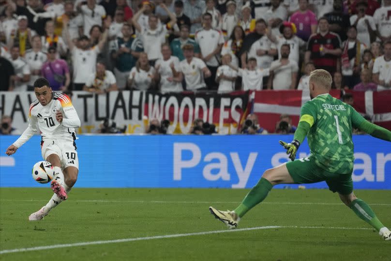 Germany's Jamal Musiala scores the 2-0 against Denmark in Dortumund on 29th June 2024 at Euro 2024