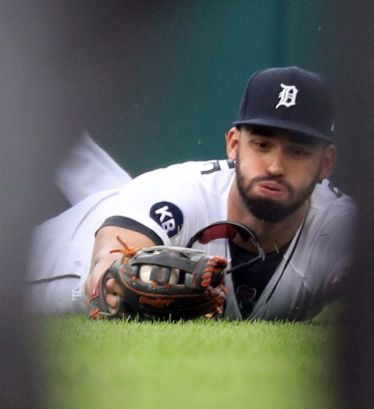 Detroit Tigers center fielder Riley Greene (31) makes a diving catch on a ball hit by Los Angeles Angels second baseman Luis Rengifo (2) during third inning action at Comerica Park Sunday, August 21, 2022.