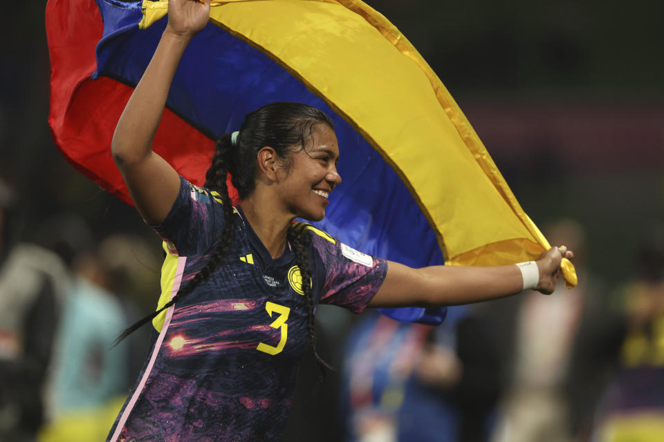 Colombia's Daniela Arias celebrates at the end of the Women's World Cup round of 16 soccer match between Jamaica and Colombia in Melbourne, Australia, Tuesday, Aug. 8, 2023. (AP Photo/Hamish Blair)