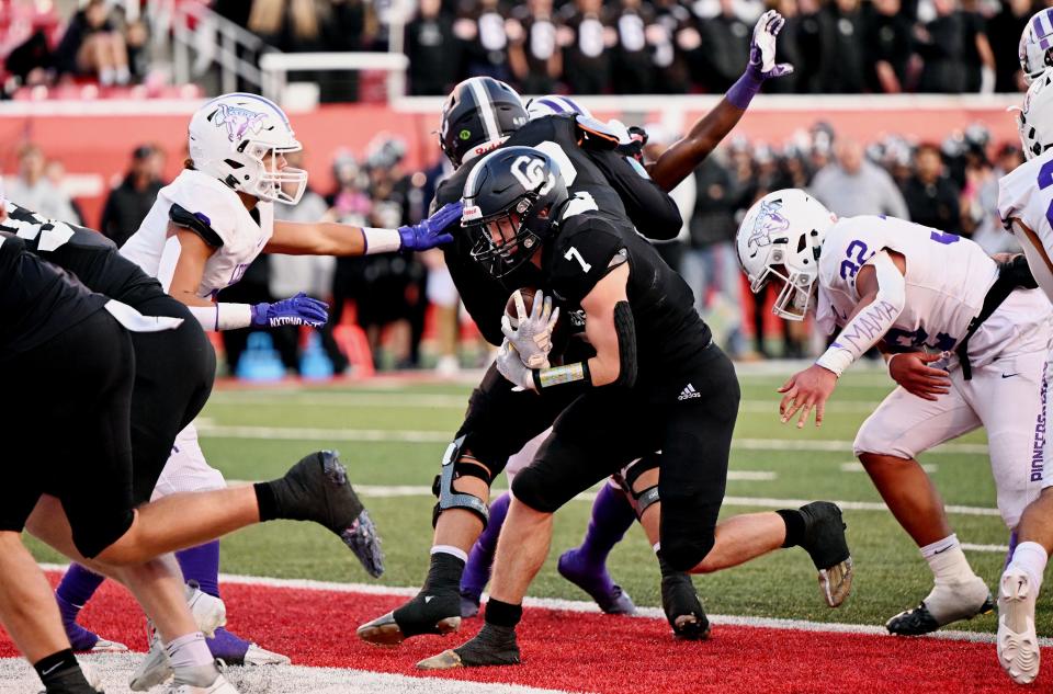 Corner Canyon and Lehi play in high school football semifinal action at Rice-Eccles Stadium in Salt Lake City on Friday, Nov. 10, 2023. Corner Canyon won 63-24. | Scott G Winterton, Deseret News