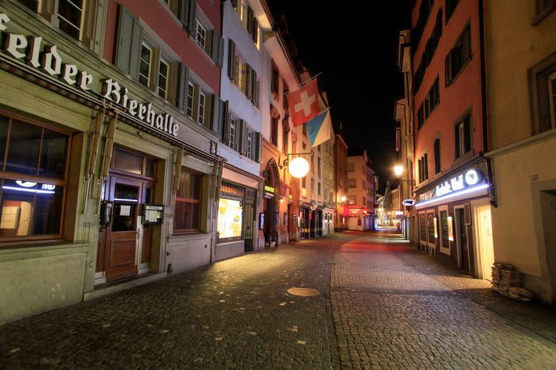 General view shows the Niederdorfstrasse as bars and restaurants are closed in Zurich