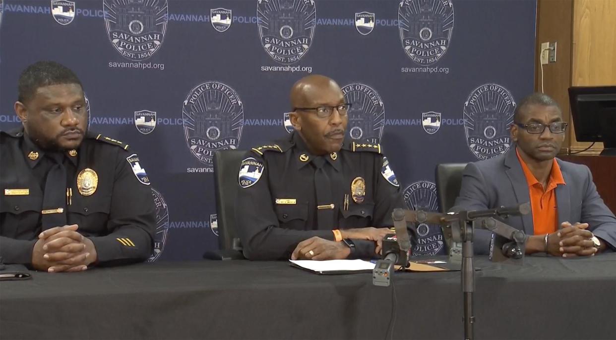 Savannah Police Chief Roy Minter holds a news conference on Saturday.