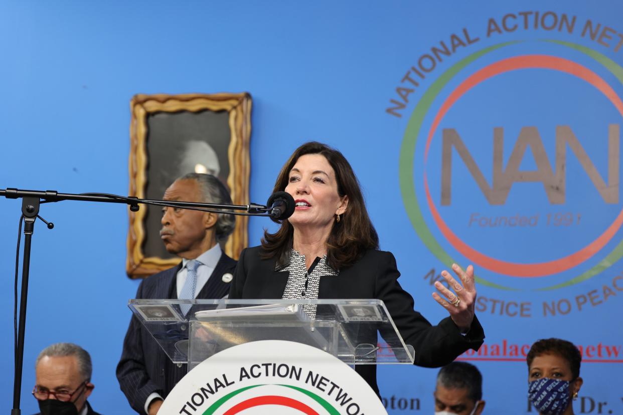 New York Governor Kathy Hochul speaks at the National Action Networks (NAN) annual Martin Luther King Day event in Harlem, New York on Monday, Jan. 17, 2022.